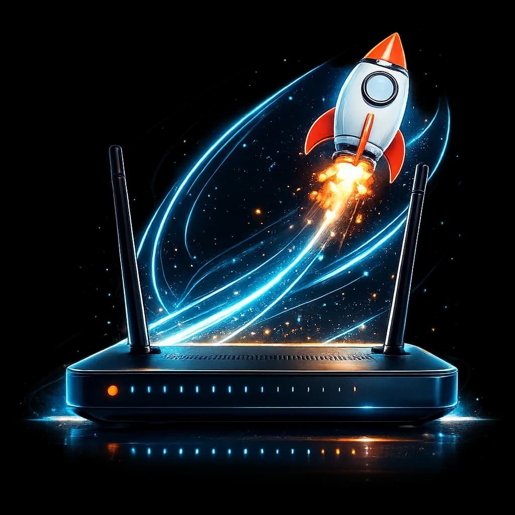 Router with rocket illustrating fast Wi-Fi